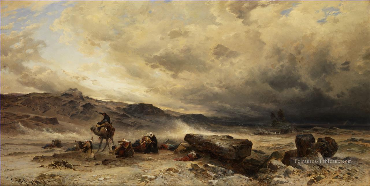 Train de chameau dans une tempête de sable Hermann David Salomon Corrodi paysage orientaliste Peintures à l'huile